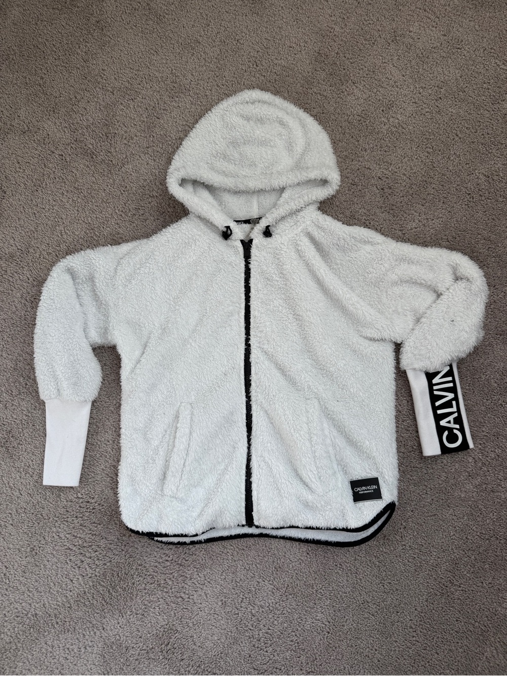 Calvin Klein White Sherpa Zip-Up Hoodie with Black Trim